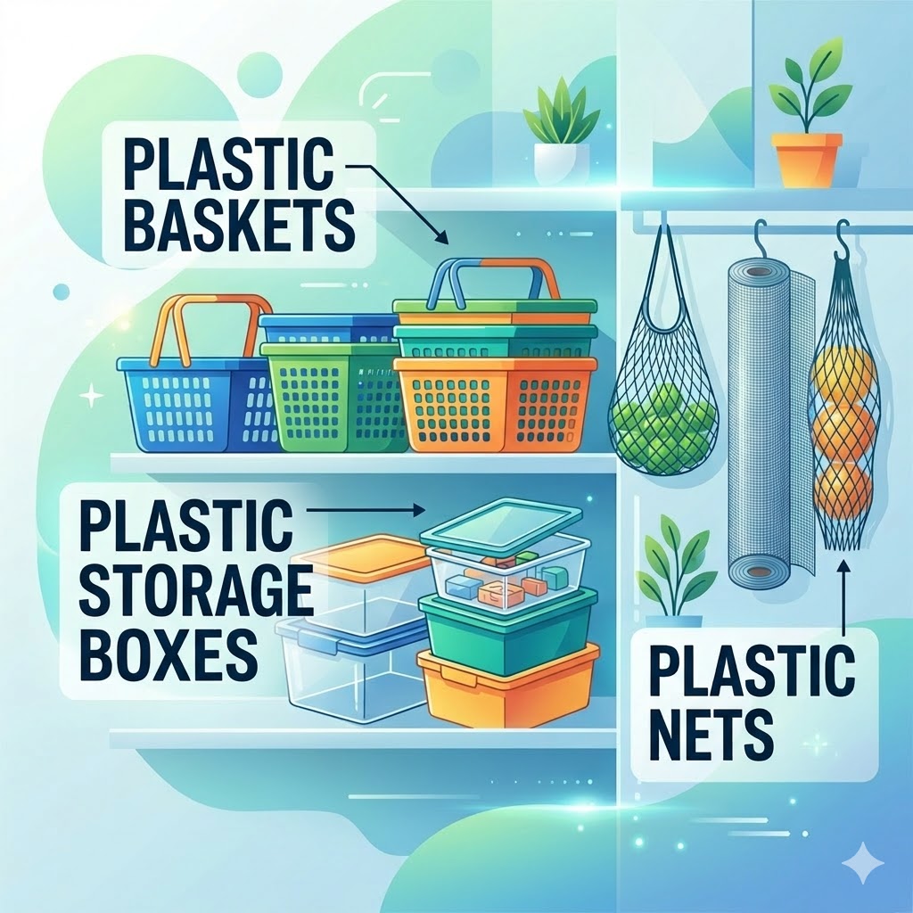 plastic baskets, plastic storage boxes & plastic nets