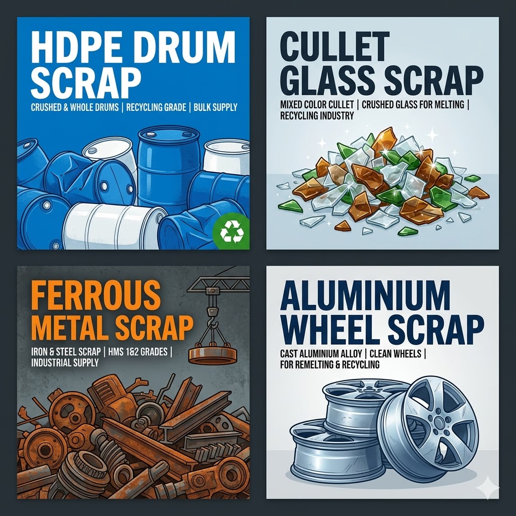 hdpe drum scrap, cullet glass scrap, ferrous metal scrap, aluminium wheel scrap, aluminum plates scrap & aluminum wire scrap