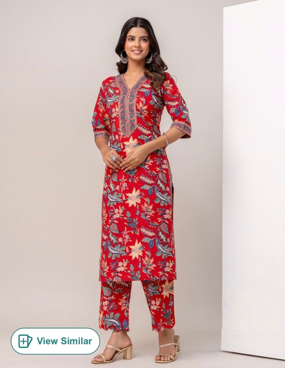 Bright Red Cotton Hand Block Printed Straight Suit Set