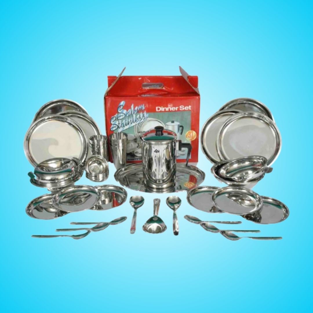 Dinner Set- 37 Piece, SAIL Salem Stainless, 304 grade, Dinner Set for 6, Shine Finish, No Rust, No Crack, Manufactured by Steel Authority of India, Gifting Ideas