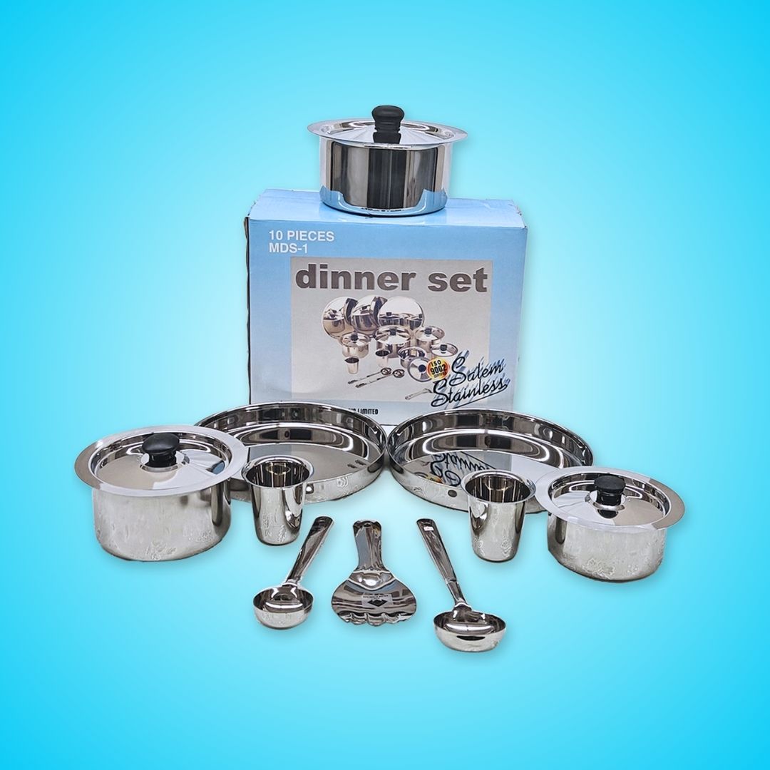 Stainless Steel Dinner Set: 10 Pc Tope Model, SAIL Salem Stainless, Premium Quality, Shine Finish, Dinner Set for 2, 304 Grade Stainless Steel, Gifting Ideas
