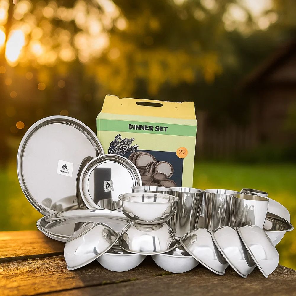 Dinner Set- 22 Pc, SAIL Salem, Salem Steel, 304 Grade Stainless Steel, Set for 4 people, Budget Friendly, Dishwasher Safe