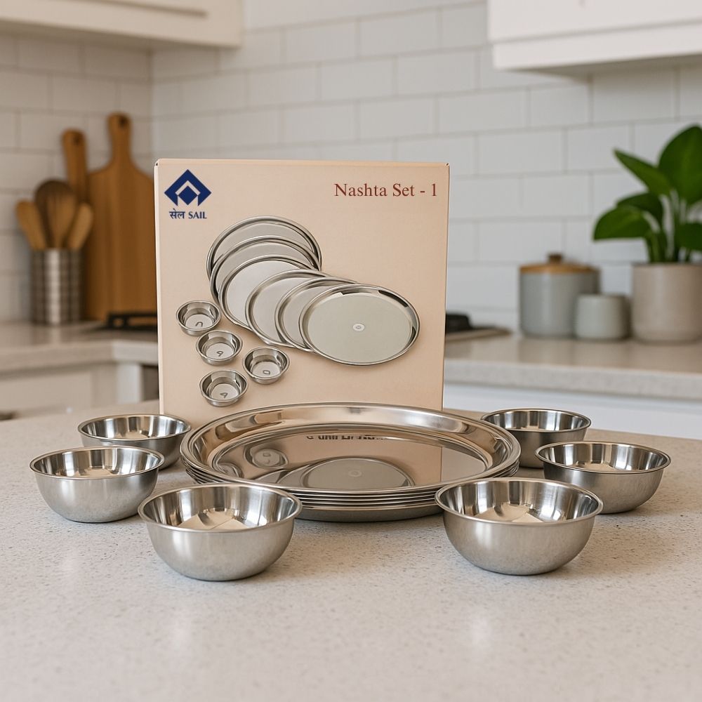  Breakfast Set- 1 (Full Plate & Katori), Sail Salem Nashta Set-1, SAIL, Manufactured by Steel Authority of India Ltd., 304 Grade Stainless Steel, Salem Steel, Small Dinner Set, Rust and crack free, Gift