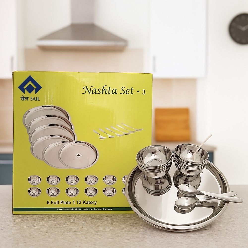 Steel Breakfast Set- 3 (24 Pcs), Sail Salem Nashta Set-3, SAIL, Manufactured by Steel Authority of India Ltd., 304 Grade Stainless Steel, Small Dinner Set, Rust and crack free, Gift