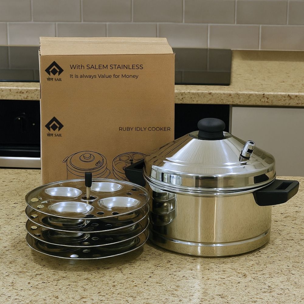Idli Maker with 4 Plates, Stainless steel Idli Cooker, SAIL Salem Idli Cooker, Steamer for Soft and Fluffy Idlis, Premium Quality, Idly Pot, South Indian Dish No Rust And Crack, Food Grade, Dishwasher Safe