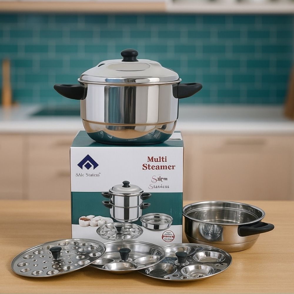 Multi Steamer, Sail Salem, Salem Steel, 304 Grade Stainless steel, Idly Cooker, Mini Idly, Steamer, Food Grade, Rust & Crack Free, Dishwasher Safe, Multi Pot, Induction Base, Fluffy Idlies, Healthy Food, 3 Idli Plate, 1 Mini Idli Plate, 1 Steamer