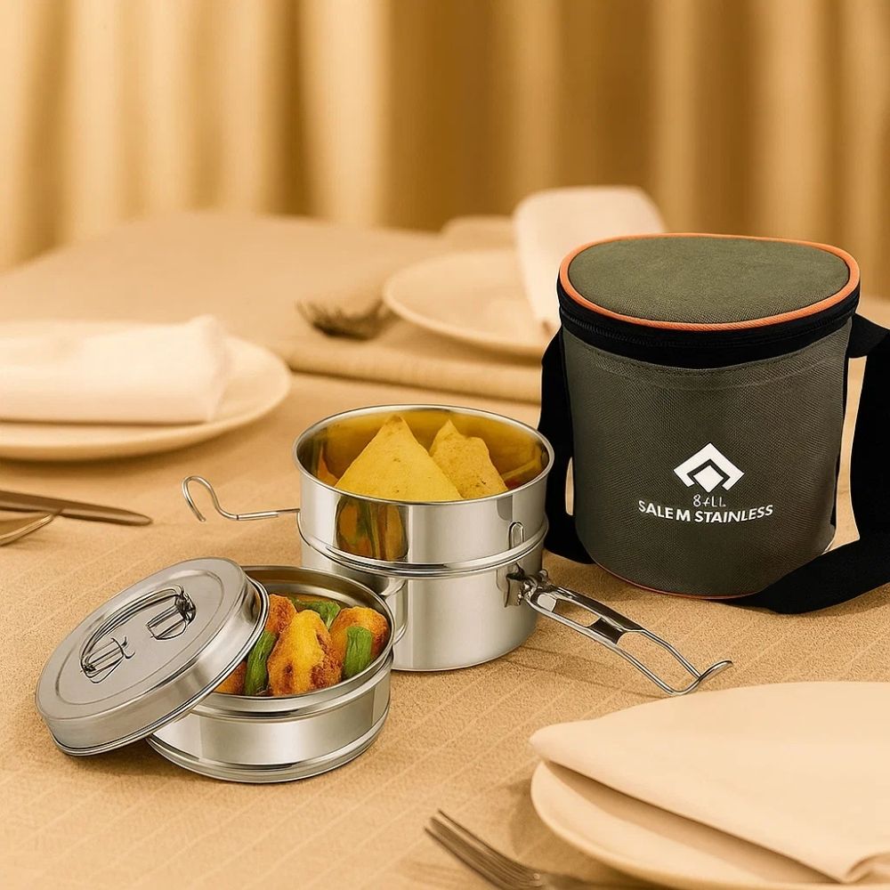 Lunch Box & Tiffin- 3 Layer (Small), 3 Tier Tiffin Box Stainless steel, 304 Grade Stainless steel, SAIL Salem, SAIL, Steel Tiffin Box, Premium Quality Steel, Gift Item, Rust Free & Crack Free Tiffin/Lunch Box