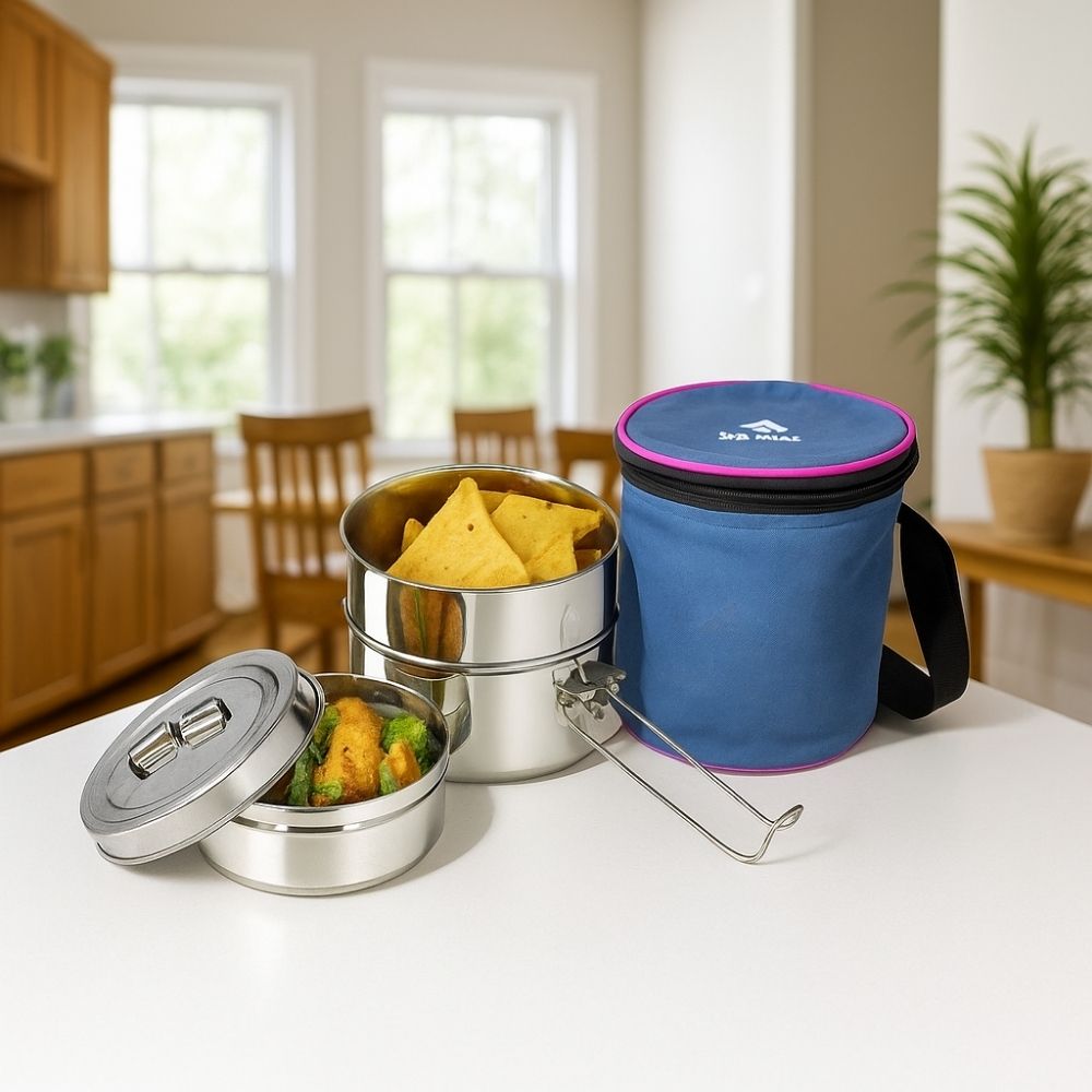 Lunch Box & Tiffin- 3 Layer (Big)| SAIL Salem Stainless 3-Layer Lunch Box (Big) with Rexine Bag | Premium 304 Grade Stainless Steel | Leak-Proof Tiffin Box | Ideal for School, Work, or Travel