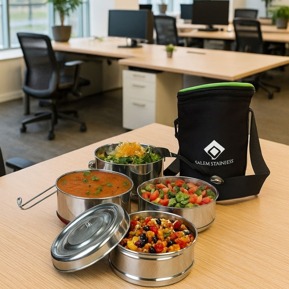 Lunch Box & Tiffin- 4 Layer (Small), 4 Tier Tiffin Box Stainless steel, 304 Grade Stainless steel, SAIL Salem, SAIL, Steel Tiffin Box, Premium Quality Steel, Gift Item, Rust Free & Crack Free Tiffin/Lunch Box