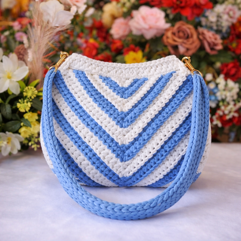 Crochet Handbag In Blue And White Colour
