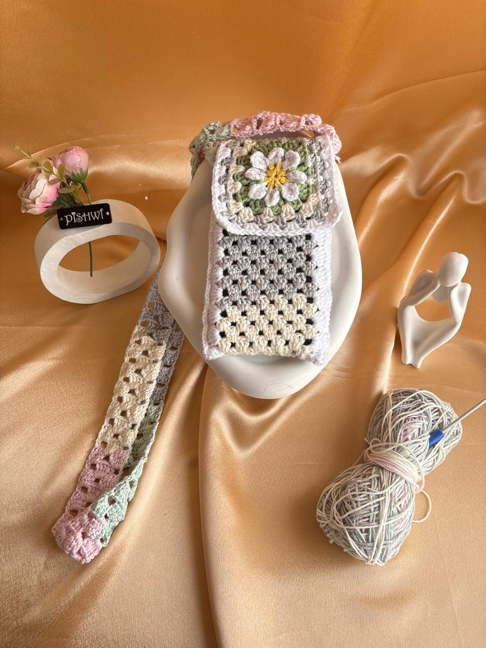Handmade Crochet Floral Phone Cover with Sling | Daisy Granny Square Mobile Pouch
