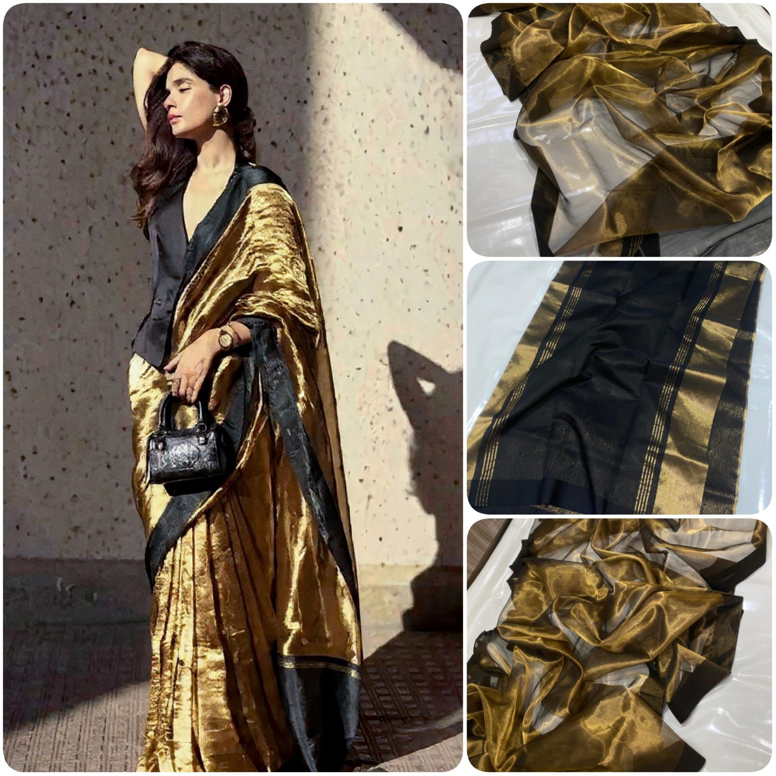 Tishue silk soft shine fabric  chanderi handloom weave saree 