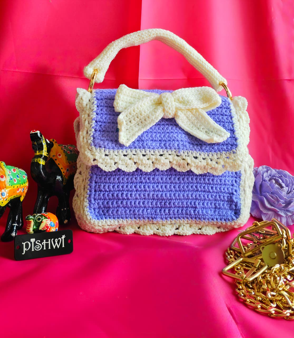 Lavender Bow Crochet Handbag