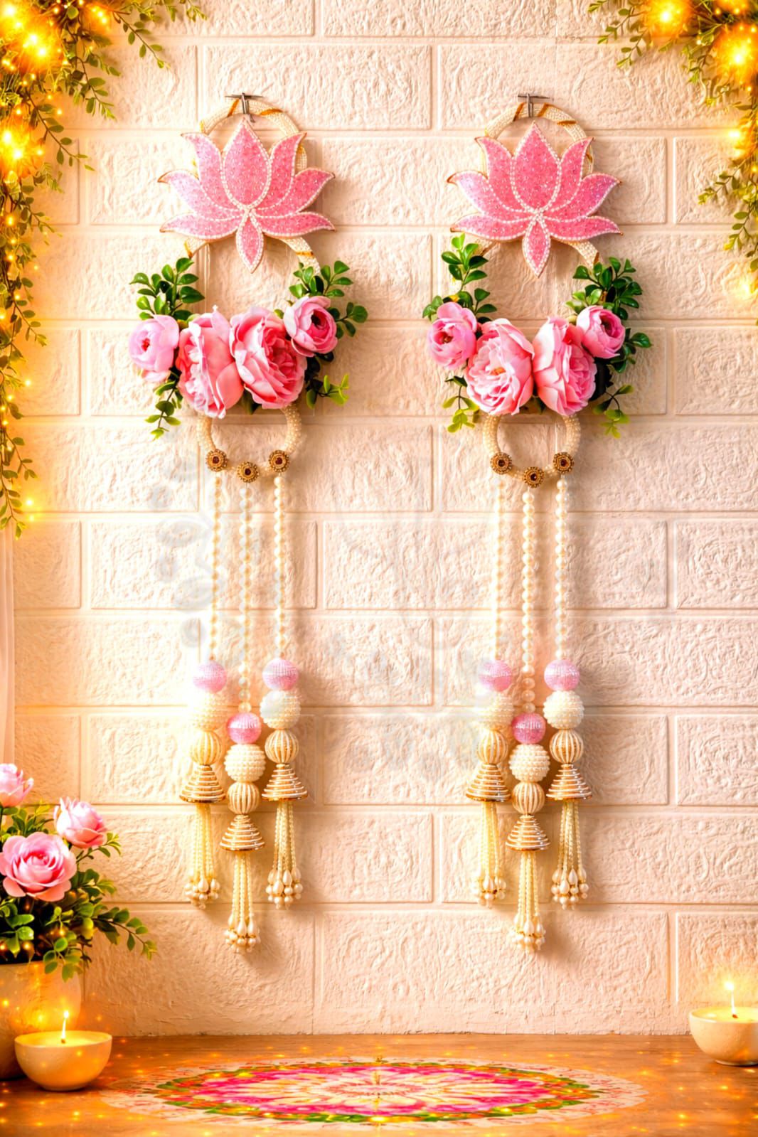 Pcrafts Shubh Labh Door Hanging Lotus Design Pink Decor Set of 2