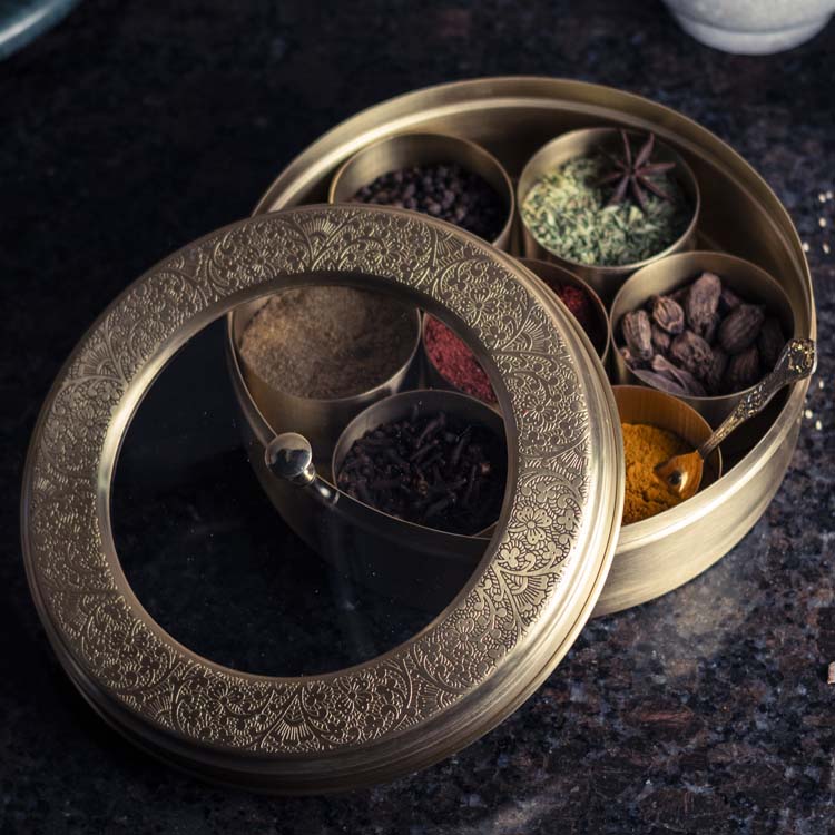Brass Masala / Spice Organizer with Transparent Lid